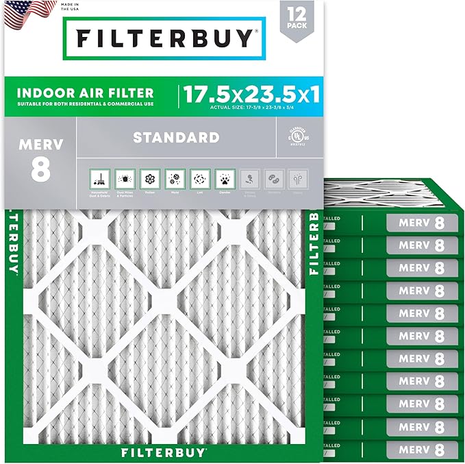 Filterbuy 17.5x23.5x1 Air Filter MERV 8 Essential Dust & Allergy Defense (12-Pack), Electrostatic Pleated HVAC AC Furnace Filters Replacement (Actual Size: 17.38 x 23.38 x 0.75)