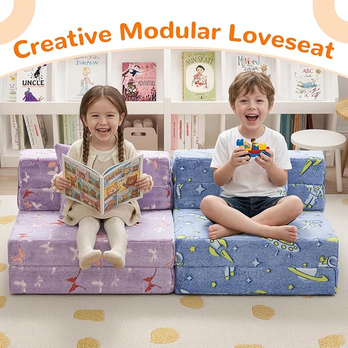 MeMoreCool Foldable Futon Chair Bed for Kids, Glow Tri-fold Sofa Bed Convertible Toddler Sofa Mattress, Foam Floor Couch for Sitting, Purple