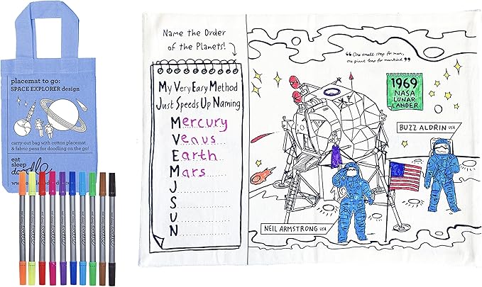 eatsleepdoodle Space, Planets and Spacecraft Cotton placemat to Color-in, Educational Solar System Coloring Placemat, Washable Felt tip Fabric Markers Included