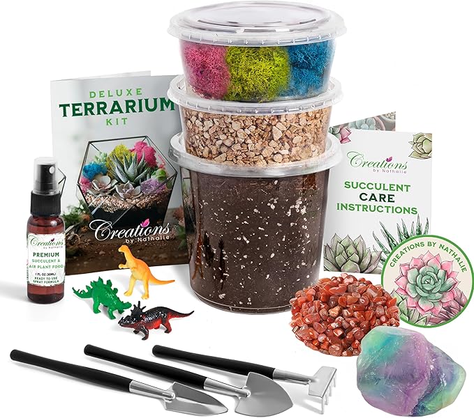 Terrarium Kit – DIY Terrarium Kit for Succulents, Cacti & Air Plants, Includes Premium Soil, Moss, Pebbles & Tools, Plant Starter Kit, Closed Terrarium Supplies, Handmade in USA