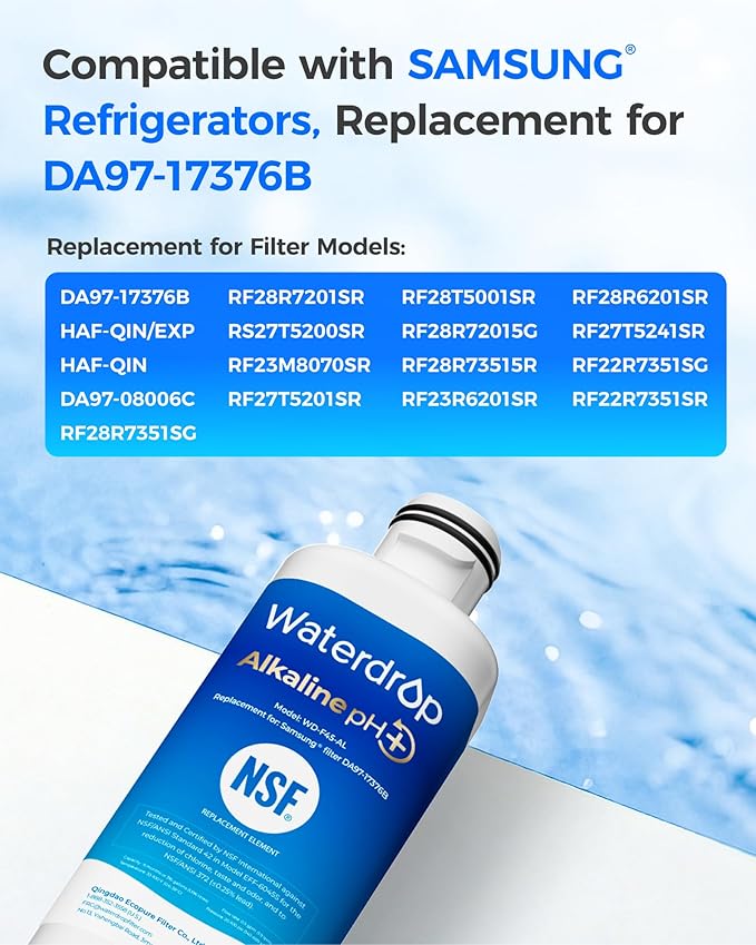 Waterdrop Alkaline DA97-17376B Refrigerator Water Filter, Enhances pH, Replacement for Samsung® HAF-QIN/EXP, DA97-08006C, RF28R7201SR, RF28R7351SG, WD-F45-AL, 3 Filters
