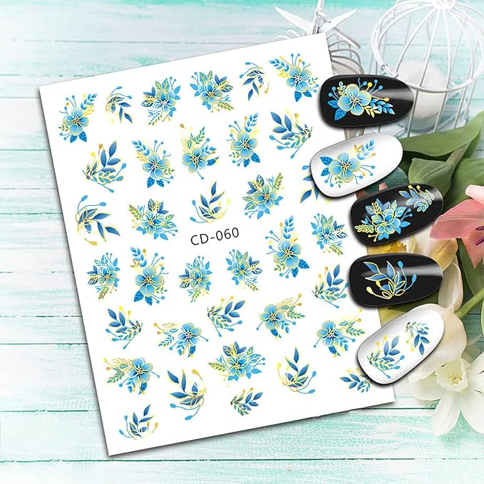 6 Sheets Colorful Flower Nail Art Adhesive Sticker 3D Self-Adhesive Nail Decals Art Design Holographic Tulip Nail Art Sticker Decoration for Women Manicure Tips Acrylic Nails DIY Nails Art Supplies