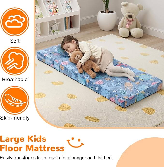 MeMoreCool Foldable Futon Chair Bed for Kids, Glow Tri-fold Sofa Bed Convertible Toddler Sofa Mattress, Foam Floor Couch for Sitting, Blue