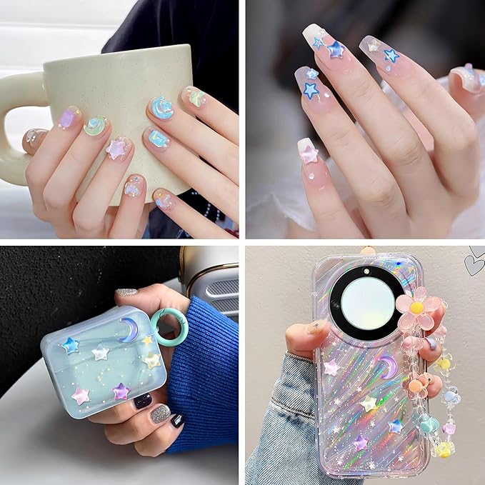 160Pcs Moon Star Nail Charms Crystals Star Moon Nail Gems Crescent Moon Glass Flatback Cabochons Nail Rhinestones 3D Nail Art Jewelry for Manicure Phone Case Mirror Decoration