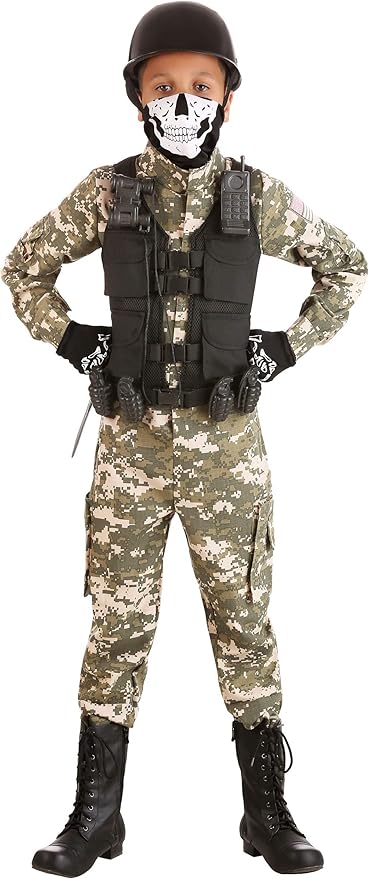 Kids Battle Soldier Costume | Boys Army Tactical Camouflaged Jumpsuit, Halloween Outfit with Skull Mask & Accessories