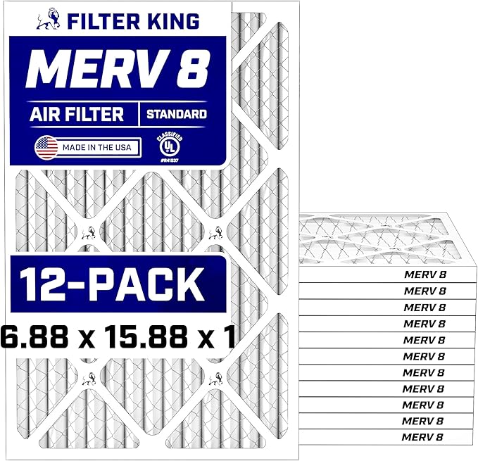 Filter King 6.88x15.88x1 Air Filter (MERV 8) (12-Pack) Dust & Allergy Control AC Furnace Filters, MADE IN USA, HVAC, Pleated, Electrostatic (Actual Size: 6.88 x 15.88 x .75)