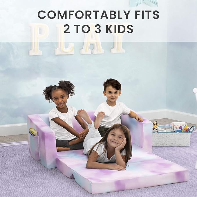 Delta Children Cozee 2-in-1 Sofa, 2-Seater Convertible Toddler Couch Sleeper, Wide 2-in-1 Flip Open Foam Chair for Playroom, Pet-Friendly, Bed Lounger, Comfy Play Sleeping Lounge Chair, Pink Tie Dye