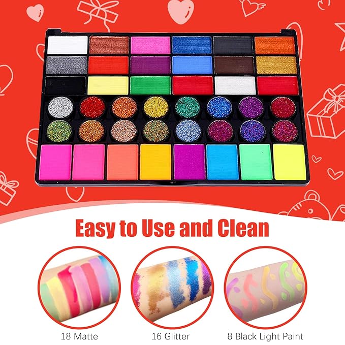 Face Painting Kit for Kids, Professional Face Paint Kit, 42 Colors Washable Facepaint Makeup Kit, Non-Toxic Face Paint with Stencils, Gems, Brushes for Halloween, Party, Birthdays, Carnival, School