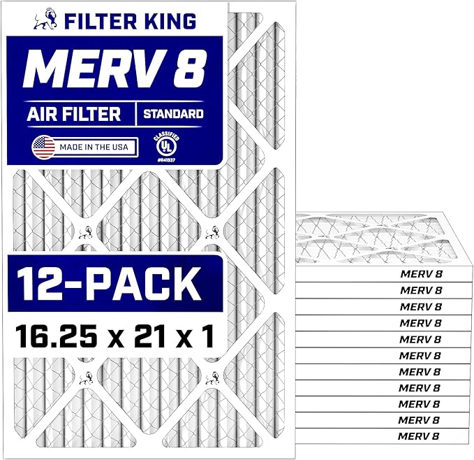 Filter King 16.25x21x1 Air Filter (MERV 8) (12-Pack) Dust & Allergy Control AC Furnace Filters, MADE IN USA, HVAC, Pleated, Electrostatic (Actual Size: 16.25 x 21 x .75)