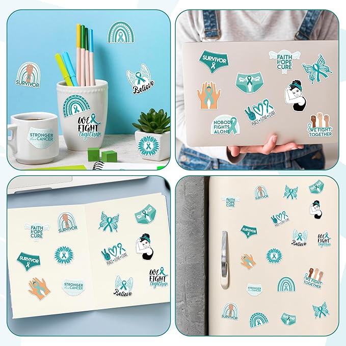 Ovarian Cancer Awareness Sticker - 1000 Pcs Teal Ribbon Sexual Assault Awareness Survivor Waterproof Vinyl Reusable Laptop Sticker Rolls Coloring Book Scrapbook Water Bottle Page Activity Pad
