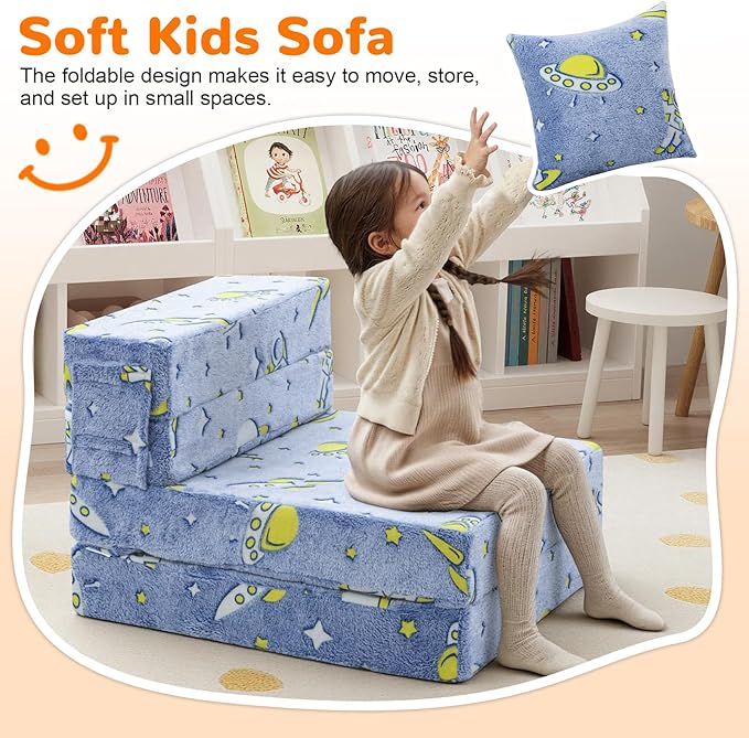 MeMoreCool Foldable Futon Chair Bed for Kids, Glow Tri-fold Sofa Bed Convertible Toddler Sofa Mattress, Foam Floor Couch for Sitting, Blue