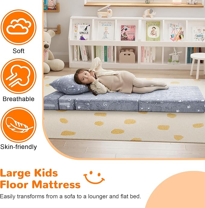 MeMoreCool Kids Floor Mattress Glow in The Dark, Convertible Sofa Couch, Folding Futon Chair Bed for Kids Playroom (Glowing Dinosaur)