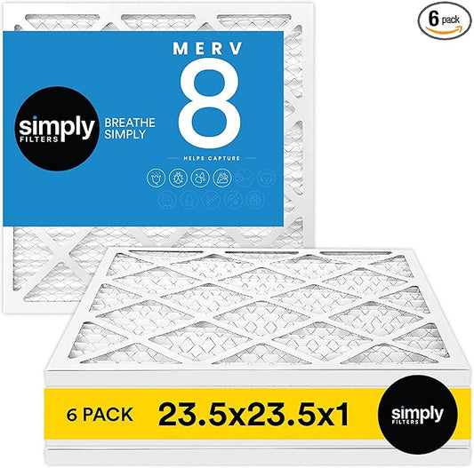 Simply 23.5x23.5x1 Air Filter, Merv 8, 6 Pack, For Home AC Furnace & HVAC (Actual Size: 23.5x23.5x"x0.75") DUST, Pet, & Allergy Control