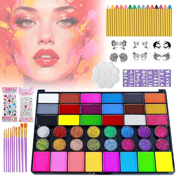 Face Painting Kit for Kids, Professional Face Paint Kit, 42 Colors Washable Facepaint Makeup Kit, Non-Toxic Face Paint with Stencils, Gems, Brushes for Halloween, Party, Birthdays, Carnival, School