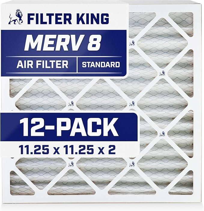 Filter King 11.25x11.25x2 Air Filter (MERV 8) (12-Pack) Dust & Allergy Control AC Furnace Filters, MADE IN USA, HVAC, Pleated, Electrostatic (Actual Size: 11.25 x 11.25 x 1.75)