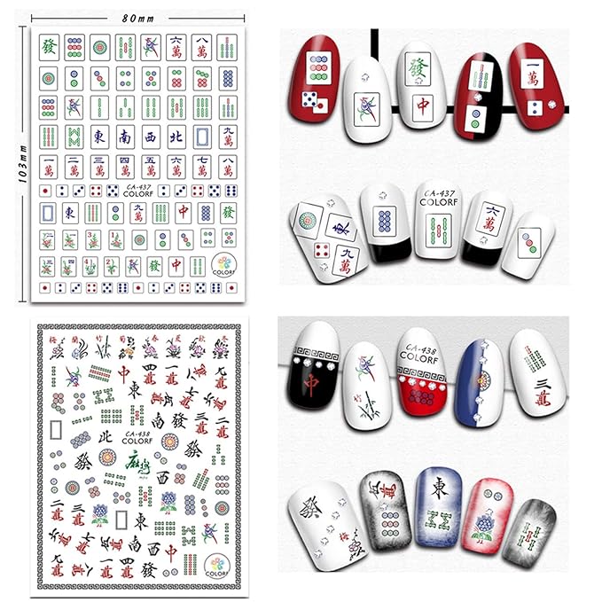 Funny Mahjong Nail Art Stickers - Chinese Playing Cards Game Design, 3D Decals, Luck Nail Art Supplies (6 Sheets)