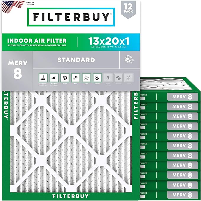 Filterbuy 13x20x1 Air Filter MERV 8 Essential Dust & Allergy Defense (12-Pack), Electrostatic Pleated HVAC AC Furnace Filters Replacement (Actual Size: 12.88 x 19.88 x 0.75)