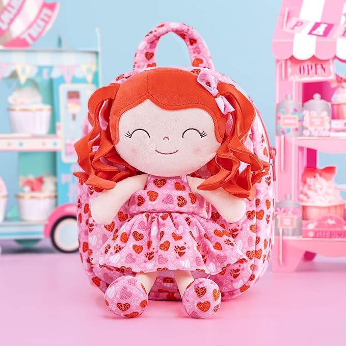 Gloveleya Toddler Girls Backpack Baby Girl Gifts Curly Hair Dolls I Love You Plush Doll with Heart Printed Dress Love Series 9inches