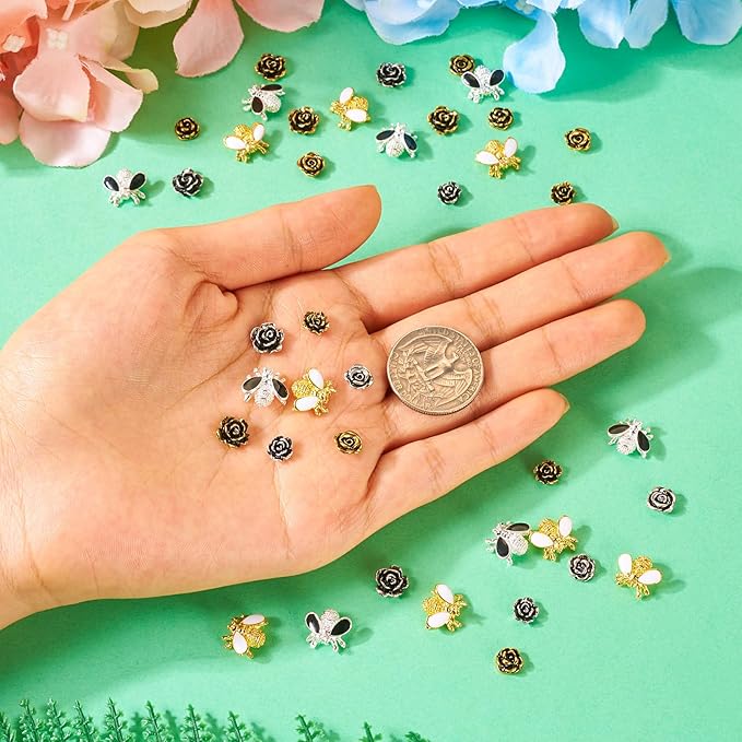 60Pcs Y2K Nail Charms Antique 3D Alloy Rose Bee Nail Cabochons Nails Art Charms Flower Nails Stickers Enamel Bee Charm for Women DIY Manicures Crafts Jewelry Making