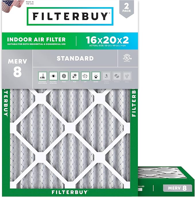 Filterbuy 16x20x2 Air Filter MERV 8 Essential Dust & Allergy Defense (2-Pack), Electrostatic Pleated HVAC AC Furnace Filters Replacement (Actual Size: 15.50 x 19.50 x 1.75)