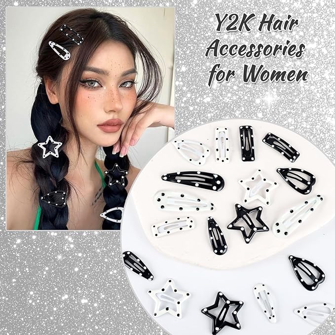 20PCS Star Hair Clips Y2k Hair Accessories for Women Black White Polka Dot Cute Hair Pins for Girls Star Barrettes Non Slip Kawaii Snap Hair Clips Small for Styling Festival Accessories