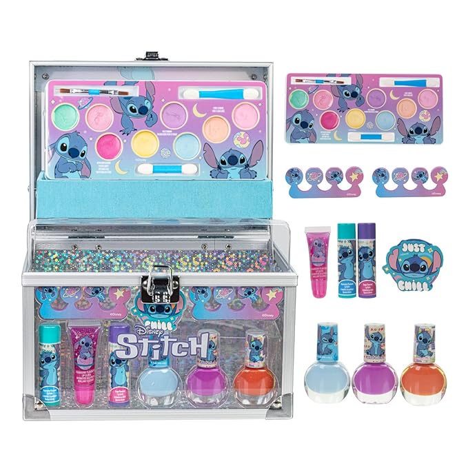 Stitch Train Case Beauty Set, Kids Makeup Kit for Girls, Real Washable Makeup Set, Play Makeup, Party Favor, Birthday, Ages 3 4 5 6 7 8 9 10 11 12 by Townley Girl