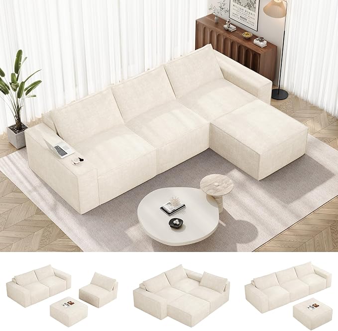 Vesgantti 114" Boneless Modular Sectional Sofa, Modern 3 Seater Couch with Ottoman & Deep Seat, Convertible Chenille L Shaped Cloud Couches for Living Room, No Assembly Required, Beige