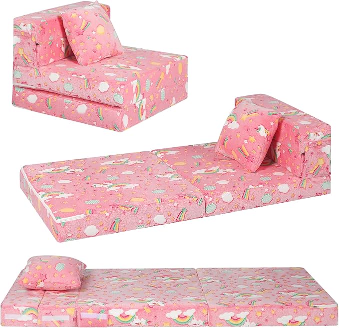 MeMoreCool Glow Tri-fold Sofa Bed for Kids, Folding Futon Mattress and Chair, Foldable Floor Couch for Playroom and Trifold Mattress for Sitting