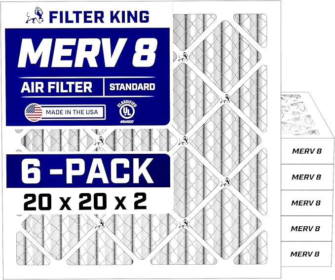 Filter King 20x20x2 Air Filter (MERV 8) (6-Pack) Dust & Allergy Control AC Furnace Filters, MADE IN USA, HVAC, Pleated, Electrostatic (Actual Size: 19.5 x 19.5 x 1.75)