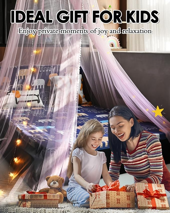 Princess Bed Canopy with Star Lights for Girls, Play Tent Canopy Bed Curtain Indoor Room Decor Stuff Gift for Kid Boys Bunk Twin Full Size Bed Reading Nook Hanging Dome Mosquito Net Pink