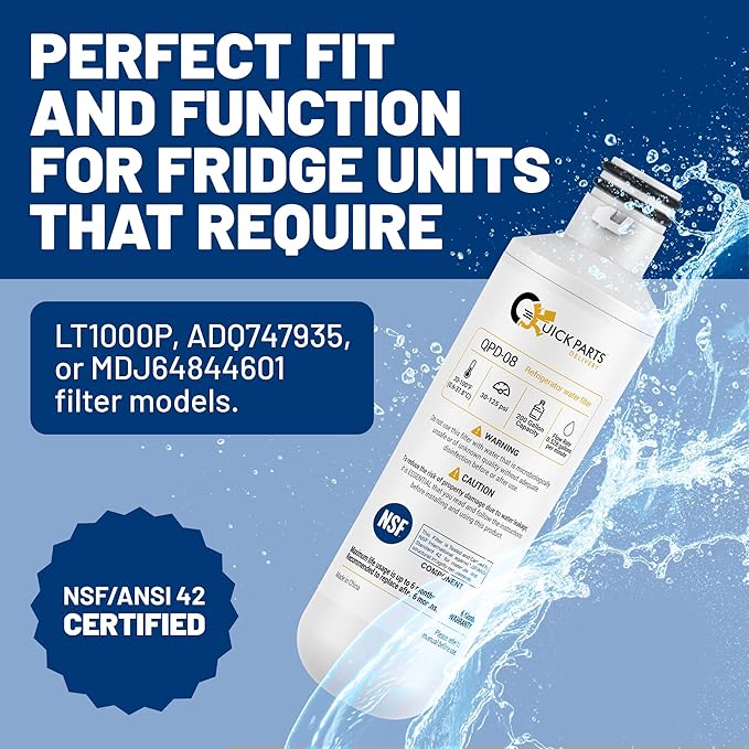 QPD08 Refrigerator Water Filter Replacement for LG LT1000P, ADQ747935, MDJ64844601, Compatible with LG LMXS30796D, LFXC24796D, LMXS28626S, LFXS26973S, ADQ74793501, ADQ74793502, NSF Certified (1-Pack)