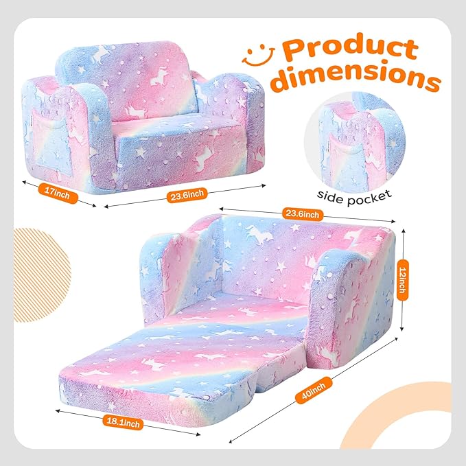 MeMoreCool Glowing Rainbow Unicorn Kids Chair - Convertible 2-in-1 Fold-Out Kids Couch for Girls, Glow-in-the-Dark Plush Sofa with Washable Cover, Soft Foam Lounge Seat for Playroom and Reading | Relaxing,Gift Giving