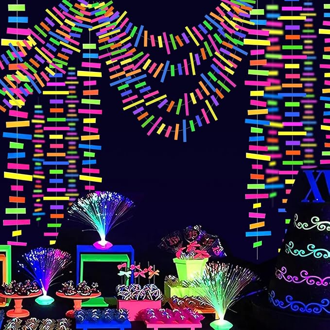 60feet Paper UV Neon Garland Neon Streamers Glow in The Dark Neon Party Supplies and Decorations Glow in The Dark Streamers Blacklight Reactive Fluorescent Black Light Party Kit for Birthday Wedding