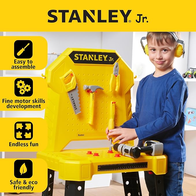 Stanley Jr. Pretend Play Kids Tool Bench with Toolset and Improved Power Drill 140 PCS Realistic DIY Workshop for Kids Ages 3+ Includes Ear Muffs Measuring Tape Tools & Accessories