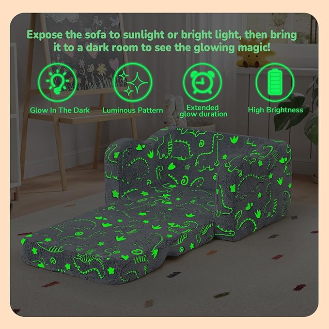 MeMoreCool Glow-in-the-Dark Dinosaur Kids Couch, 2-in-1 Foldable Kids Couch and Sofa Chair for Playroom Nursery, Soft Foam Fold Out Lounger for Boys Ages 1-3, Washable Cover, Gray | Reading, Lounging