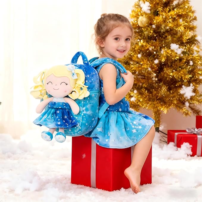 Gloveleya Toddler Backpack Baby Girl Gifts Plush Curly Girl Doll Backpacks Blue Dress with Glitter Stars 9 inches