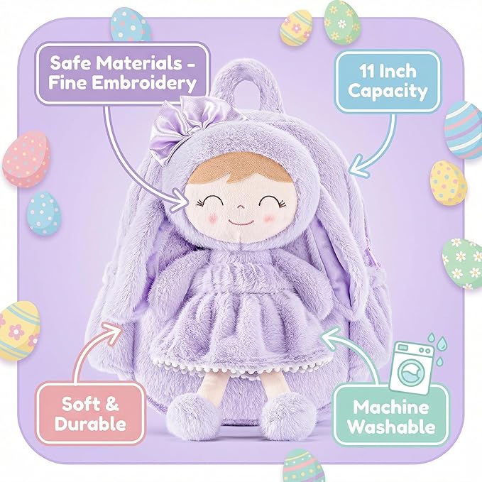 Gloveleya Back to School Gifts for Girls Bunny Toddler Backpack Plush Bag Baby Gift for Girl 2+ Years Old with Detachable Purple Rabbit Doll