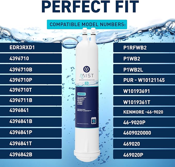 Mist EDR3RXD1 Refrigerator Water Filter Replacement for EveryDrop Filter 3, Whirlpool 4396841, 4396710, Kenmore 46-9030, 46-9083 – NSF 42 Certified – 2 Pack
