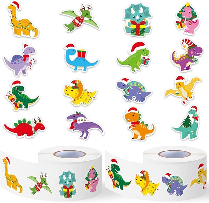 Haooryx Christmas Dinosaur Sticker Rolls - 1000Pcs Vibrant Festive Dinosaur Sticker with Tyrannosaurus Design Self-adehesive Vinyl Decal Christmas Holiday Party Favor Stocking Stuffer Craft Activities