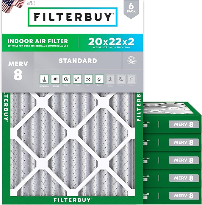 Filterbuy 20x22x2 Air Filter MERV 8 Essential Dust & Allergy Defense (6-Pack), Electrostatic Pleated HVAC AC Furnace Filters Replacement (Actual Size: 19.50 x 21.50 x 1.75)