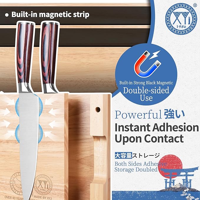 XYJ 3-in-1 Wooden Magnetic Knife Block Set – Powerful Magnet Knife Holder + 2 Chopping Boards, Space-Saving Countertop Organizer, Kitchen Cutlery Display Stand without Knives