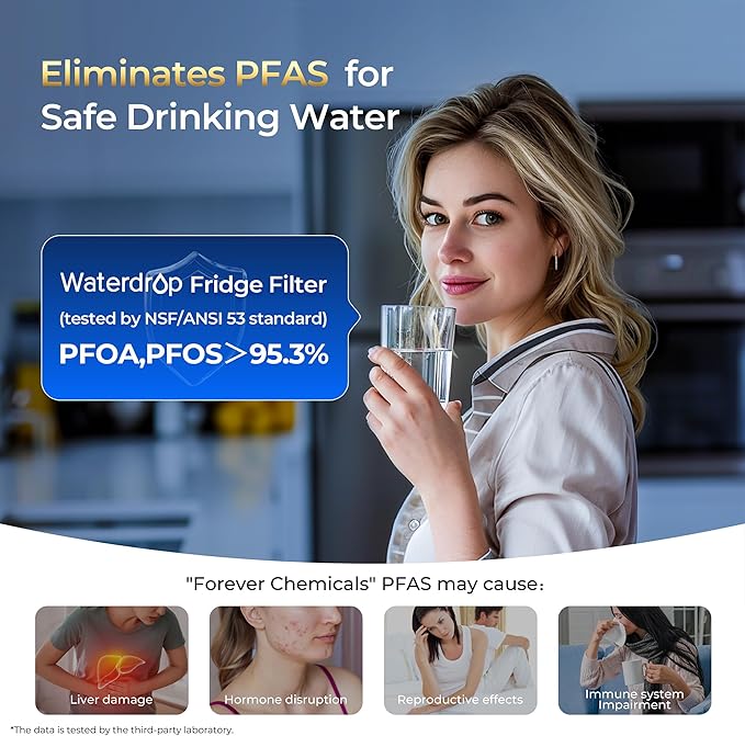 Waterdrop Plus UKF8001 NSF 401,53 Certified Refrigerator Water Filter, 𝐑𝐞𝐝𝐮𝐜𝐞 𝐏𝐅𝐀𝐒, Replacement for Whirlpool® Everydrop® Filter 4, EDR4RXD1, Maytag® UKF8001AXX, 4 Filters