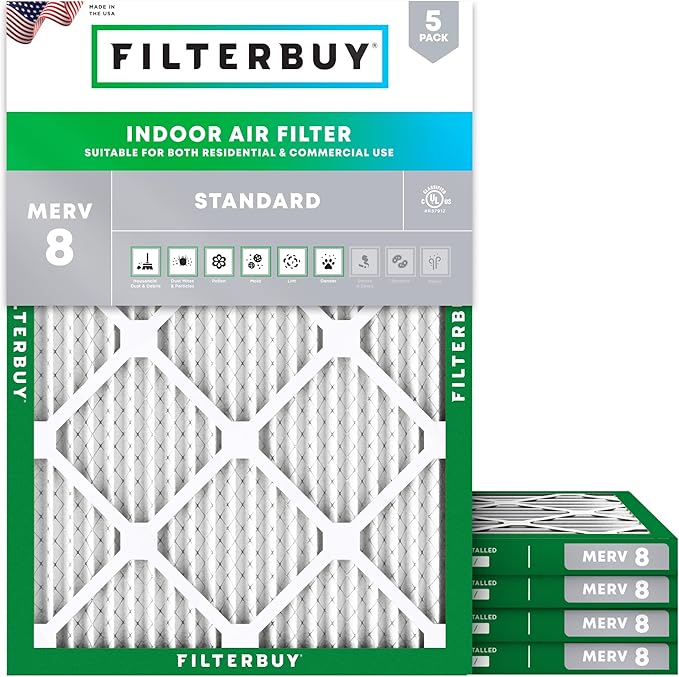 Filterbuy 14x18x1 Air Filter MERV 8 Essential Dust & Allergy Defense (5-Pack), Electrostatic Pleated HVAC AC Furnace Filters Replacement (Actual Size: 13.50 x 17.50 x 0.75)