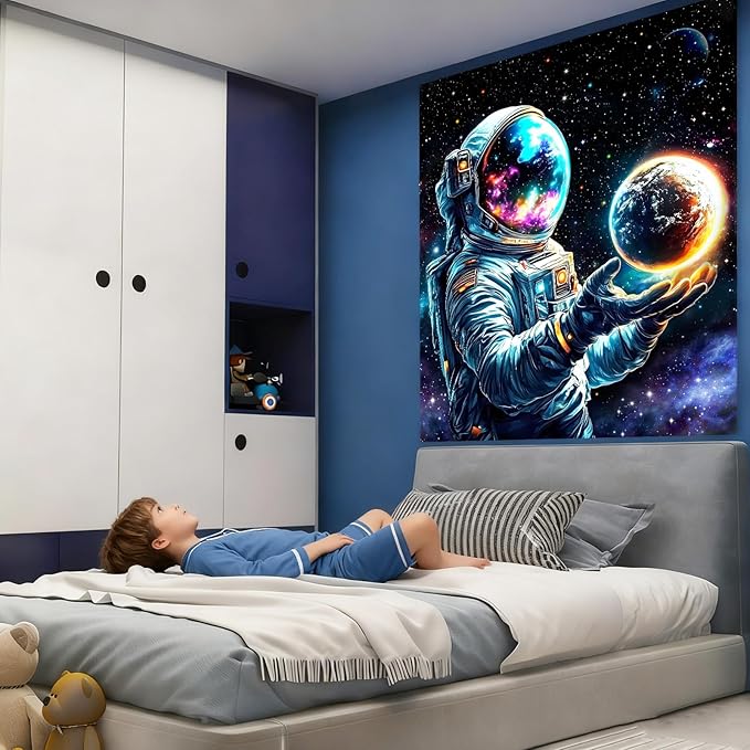 Apdidl Space Galaxy Poster Decor Tapestry for Bedroom, Astronaut Cool Planet Wall Hanging, Fantasy Outer Space Wall Tapestries Men, Funny Art Poster Aesthetic for Boys Guys Gamer Living Room 51" X 60"