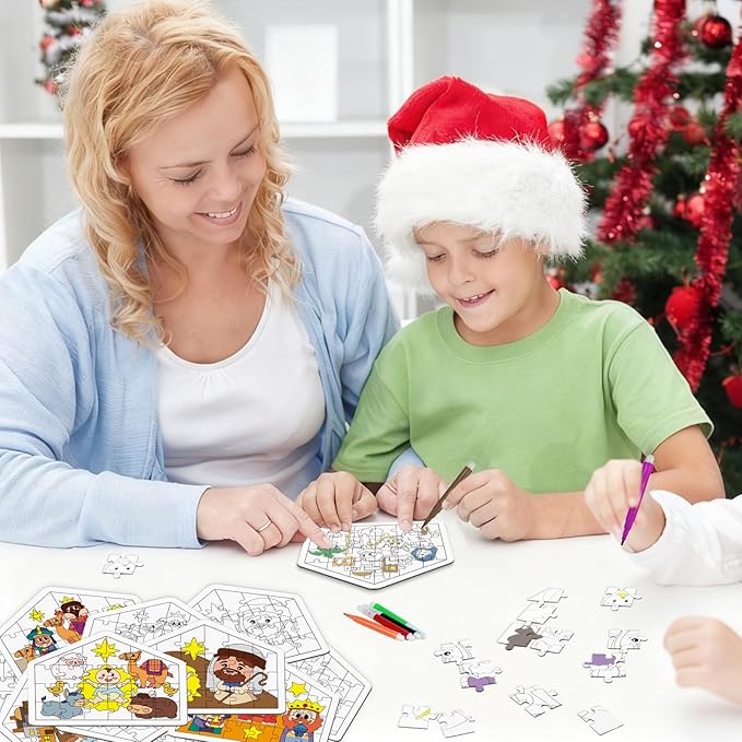 Cinrobiye 24 Pcs Christmas Nativity Coloring Puzzle Craft，DIY Jesus Religious Paper Crafts Make a Nativity Scene Sticker for Christian Holy Night Sunday School Church Classroom Holiday Art Project