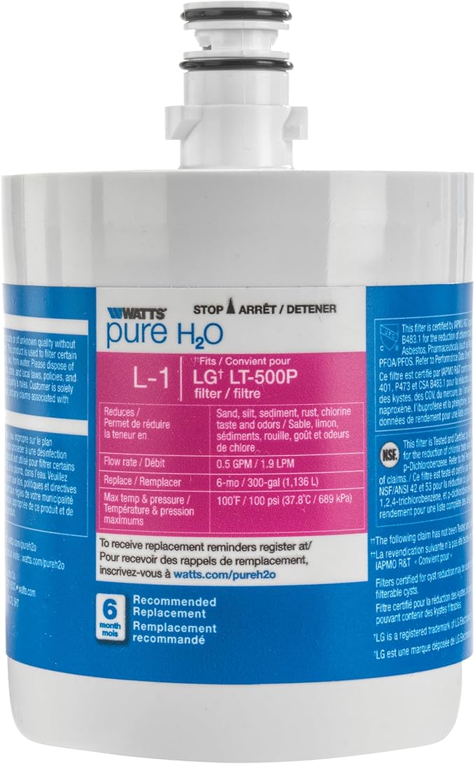 Watts L-1 LG Refrigerator Water Filter Replacement Cartridge, Compatible with ADQ36006101, 6-Month/300 Gallon Life, Reduces Lead, Chlorine & Odor, NSF Certified