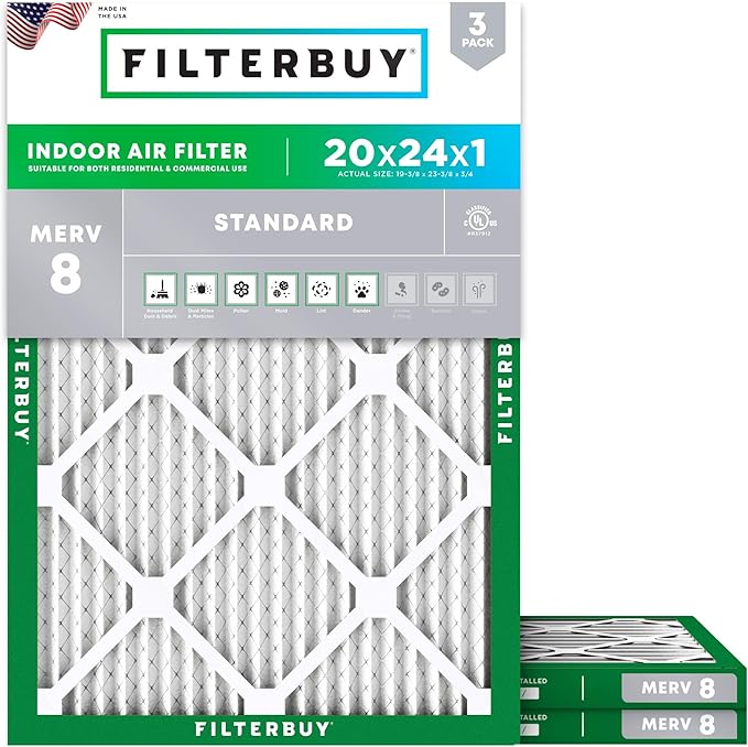 Filterbuy 20x24x1 Air Filter MERV 8 Essential Dust & Allergy Defense (3-Pack), Electrostatic Pleated HVAC AC Furnace Filters Replacement (Actual Size: 19.38 x 23.38 x 0.75)