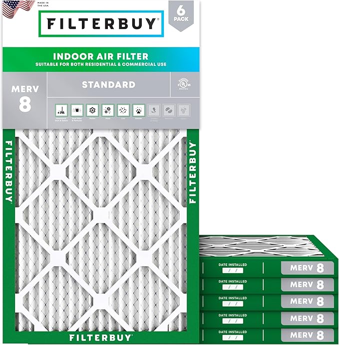 Filterbuy 20x32x1 Air Filter MERV 8 Essential Dust & Allergy Defense (6-Pack), Electrostatic Pleated HVAC AC Furnace Filters Replacement (Actual Size: 20.00 x 32.00 x 0.75)