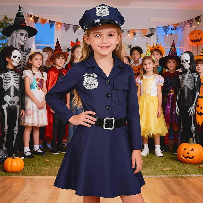 Girls Police Officer Costume Kids Cop Uniform Toddler Policeman Outfit, Police Dress Up Halloween Birthday Gifts