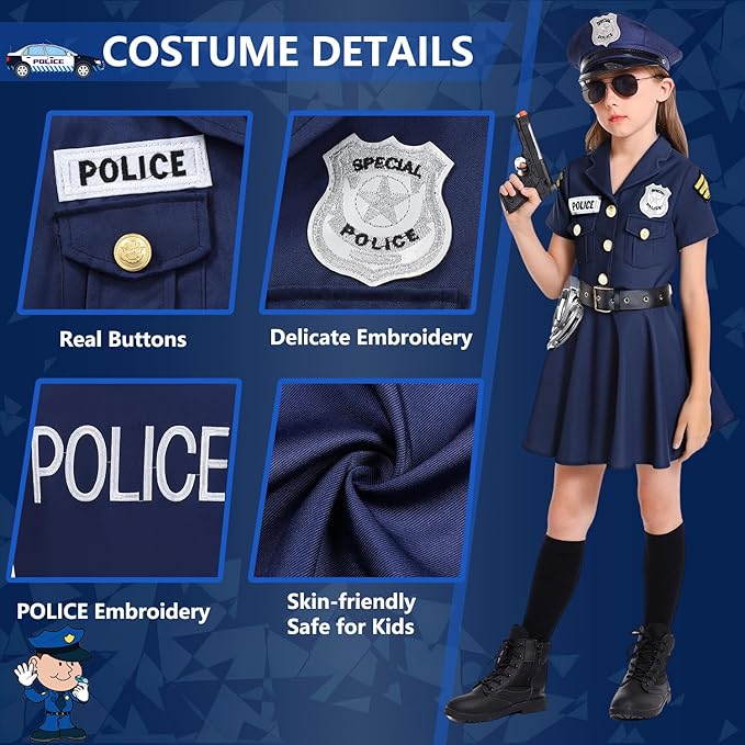 Halloween Police Officer Costume Dress Girls Kids Cop Thief Cosplay Outfits with 9 Pcs Accessories